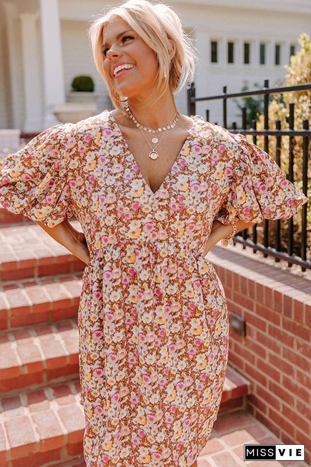 Multicolor Plus Size Floral Print Puff Sleeves Dress