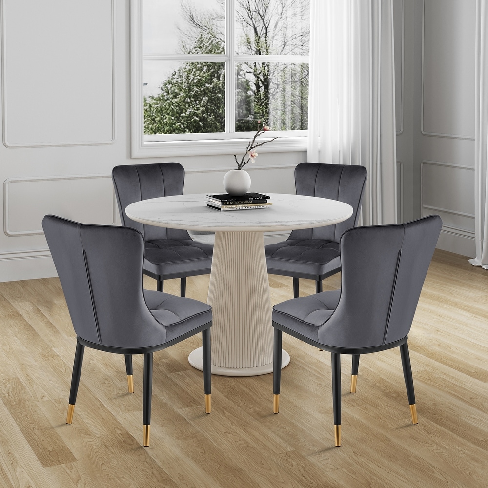 Velvet Upholstered Dining Chairs with Checked Pattern   Metal Legs