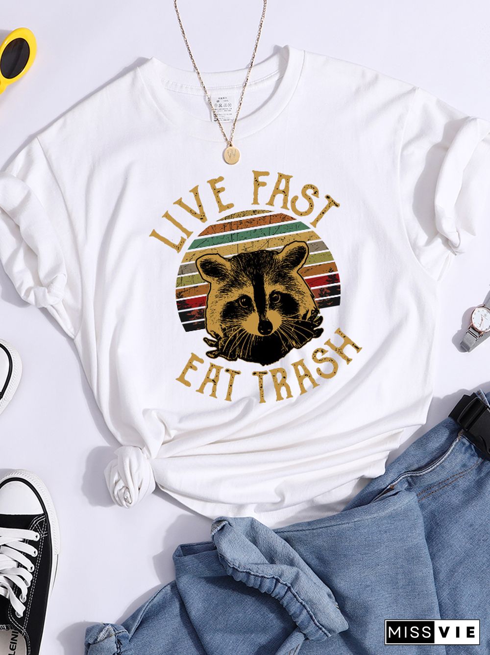 Live Fast Eat Trash Stray Raccoon Print Women T Shirt Fashion Casual Tshirt Street Hip Hop Crop Top Harajuku Sport Cool T-Shirts