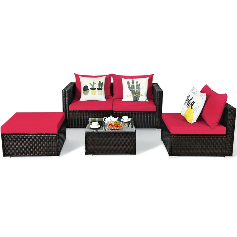 5 Pcs Rattan Wicker Outdoor Patio Sectional Furniture Set with Coffee Table & Cushions