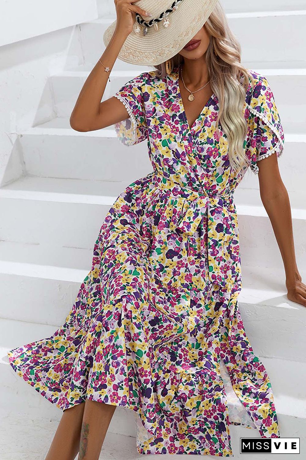 Wrap V Neck Tulip Sleeves Maxi Floral Dress