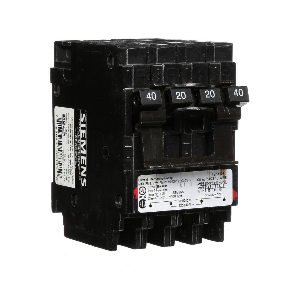 Siemens 20 Amp Double-Pole and 40 Amp Double-Pole Type QT Quad Circuit Breaker Q24020CT2