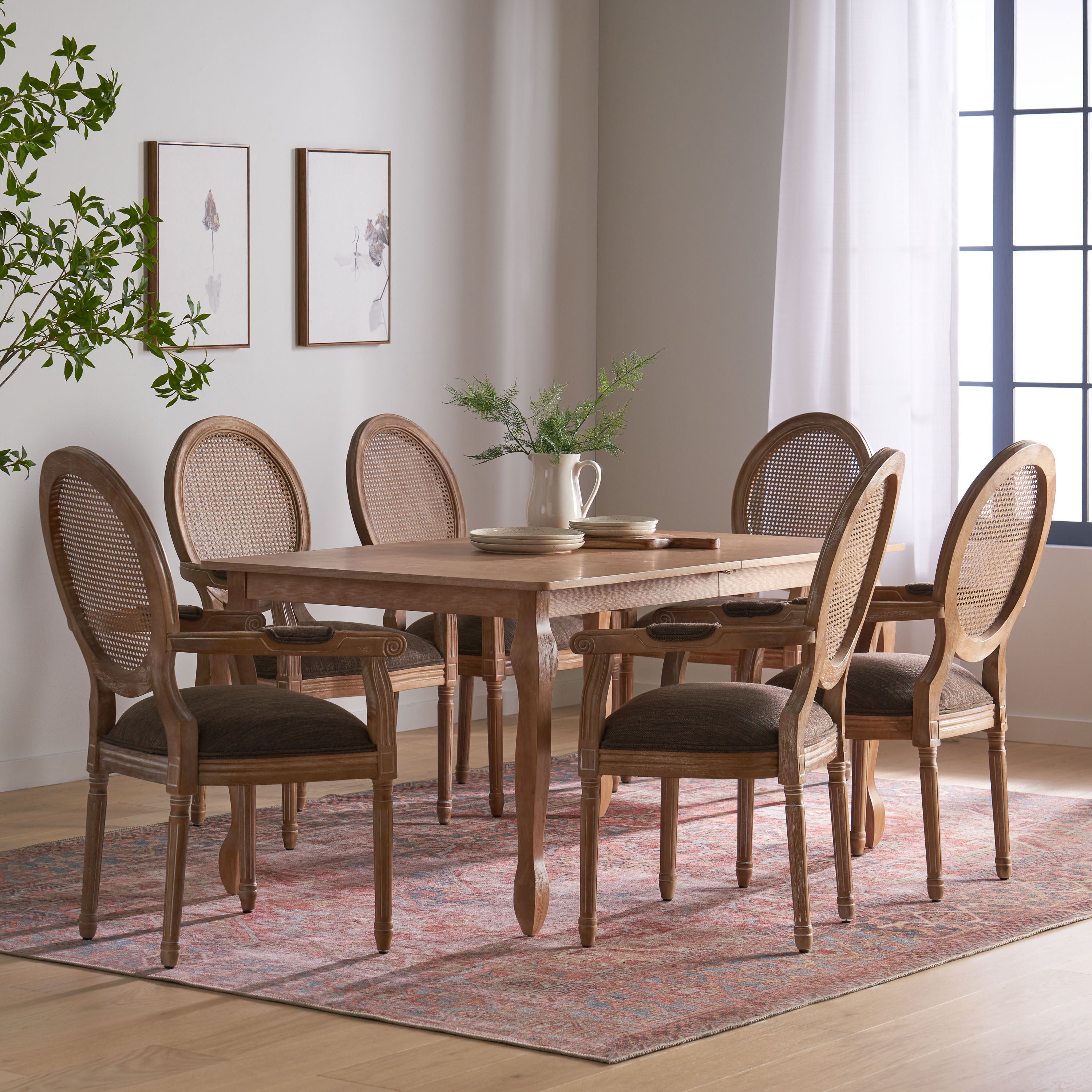 Comisky French Country Fabric Upholstered Wood and Cane Expandable 7 Piece Dining Set