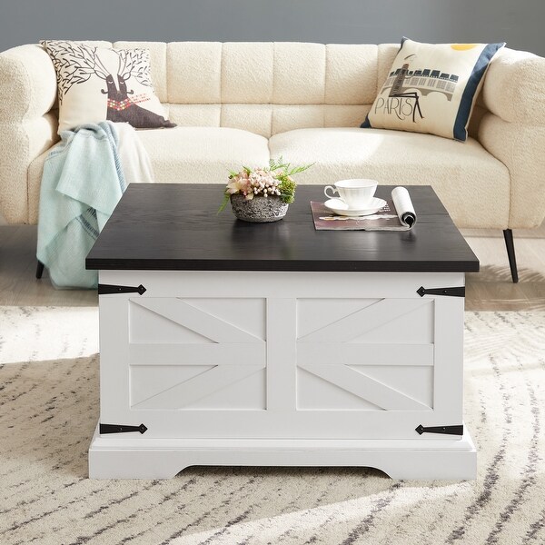 Farmhouse Coffee Table，Square Wood Center Table with Large Hidden Storage Compartment and Hinged Lift Top for Living Room