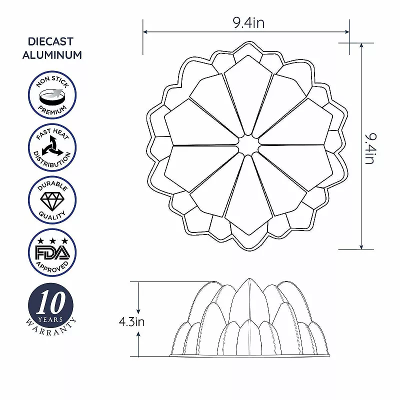 Baker's Secret Fluted Cake Pan， Cast Aluminum 2 Layers Nonstick Coating (Cascade)