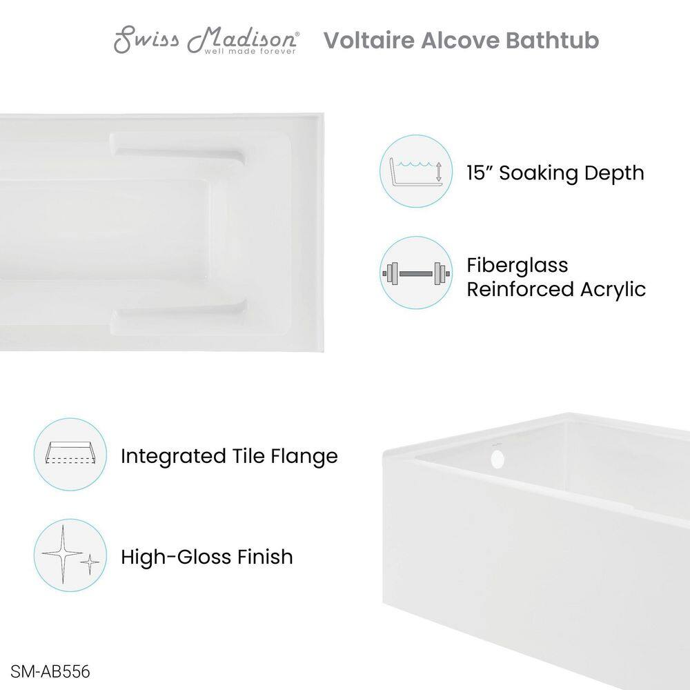 Swiss Madison Voltaire Left-Hand Drain Rectangular Alcove Bathtub SM-AB556