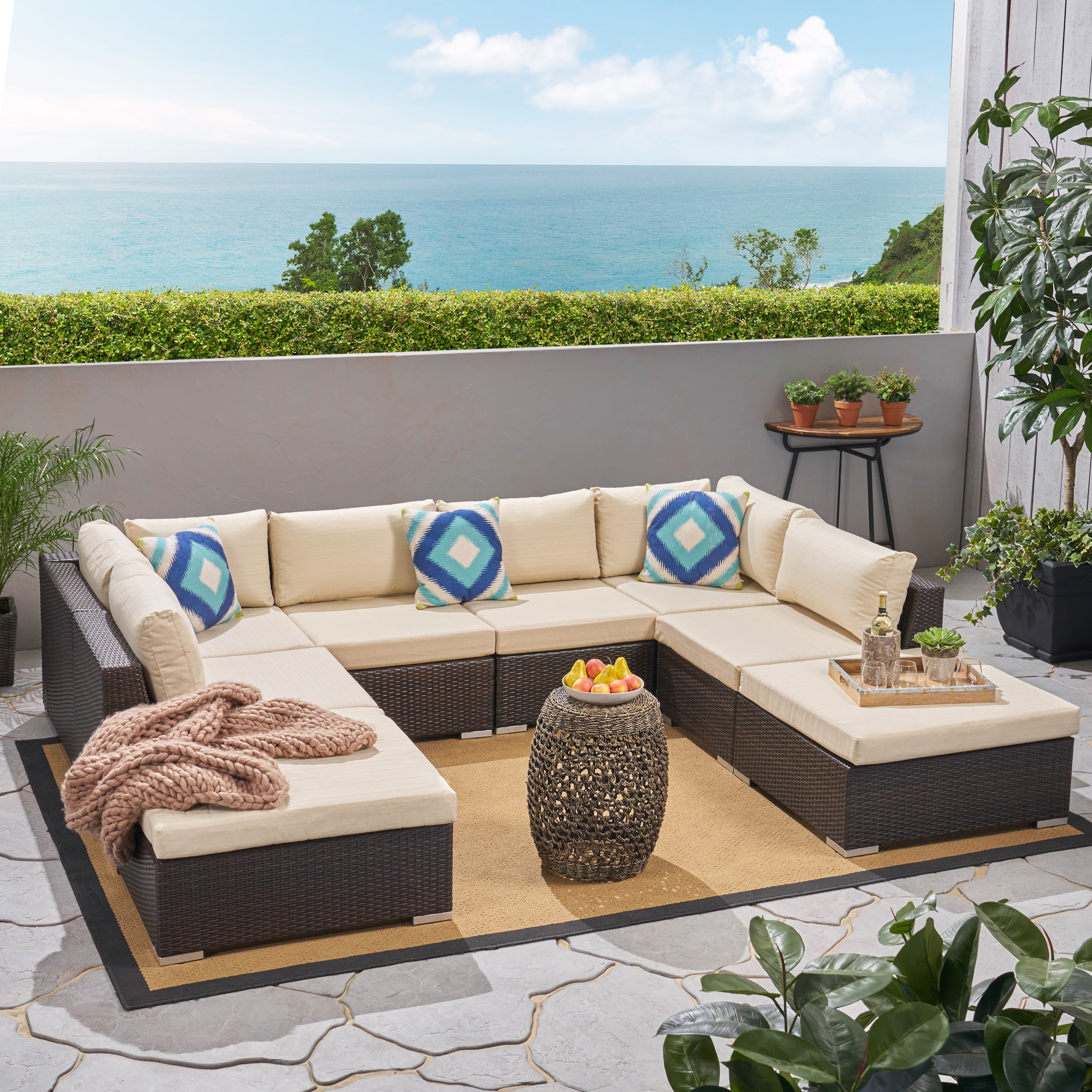 Valentina Outdoor 6 Seater Wicker Sofa Set with Aluminum Frame and Cushions