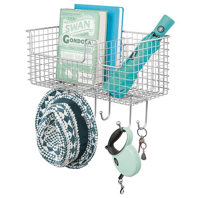 mDesign Metal Storage Organizer Basket with 6 Hooks - Wall Mount