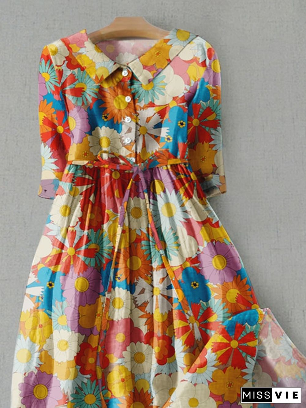 Literary Casual Floral Print Tie Loose Dress