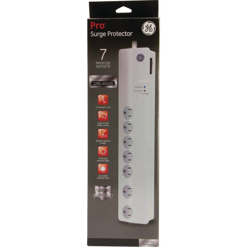 GE 3 ft. 7-Outlet Surge Protector Power Strip White 34768