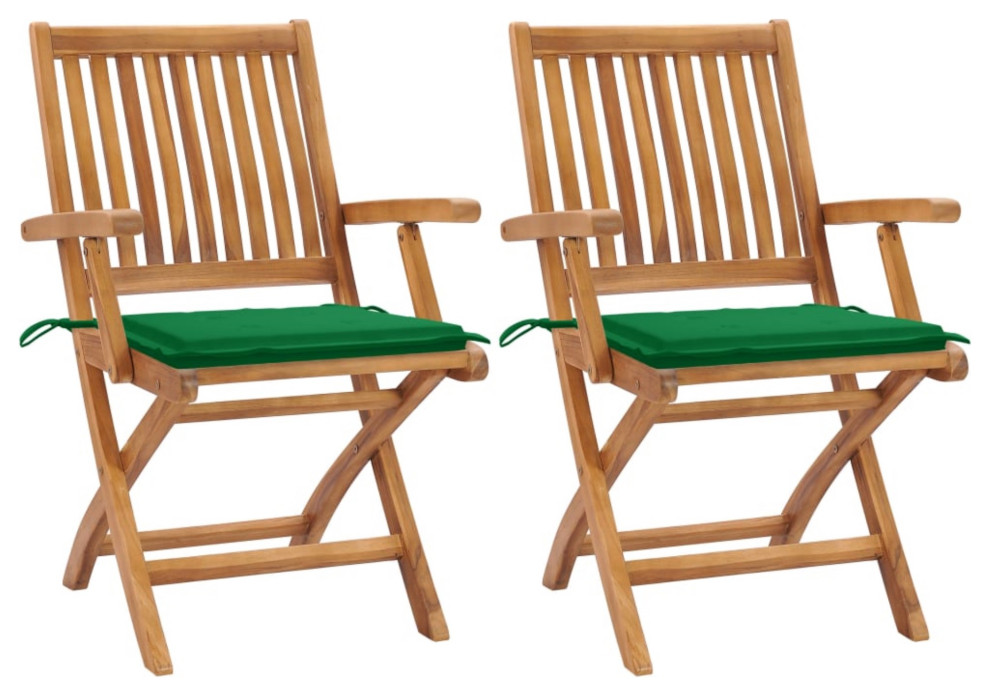 Vidaxl Garden Chairs  Set of 2  With Green Cushions Solid Teak Wood   Contemporary   Outdoor Folding Chairs   by Virventures  Houzz