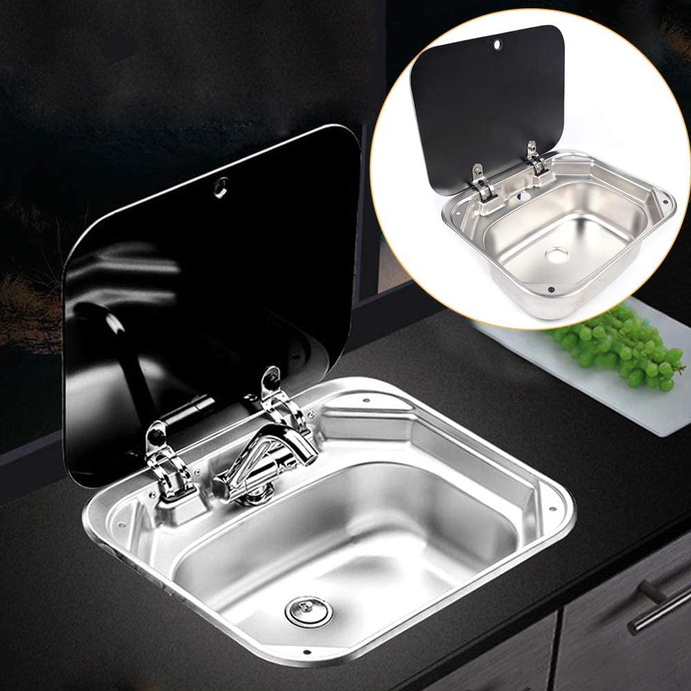 Oukaning RV Caravan Camper Stainless Steel Hand Wash Basin Kitchen Basin Sink with Lid and Tap16.53" X 14.56" X 6.3"