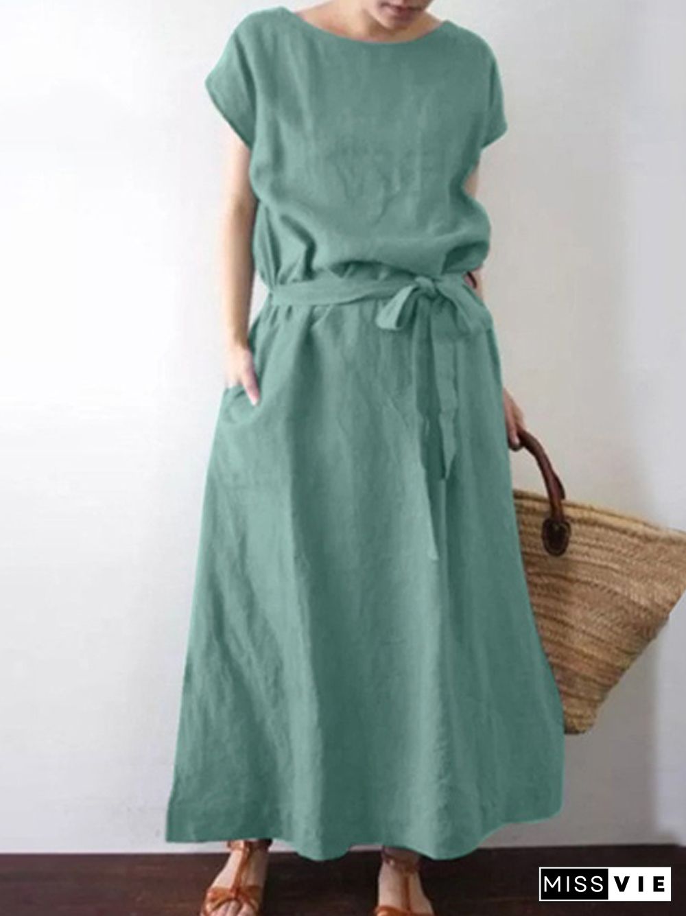 Casual O-Neck Solid Color Cotton Linen Belt Long Dress Retro Simple Commute Dress Women Fashion Loose Short Sleeve Pocket Dress