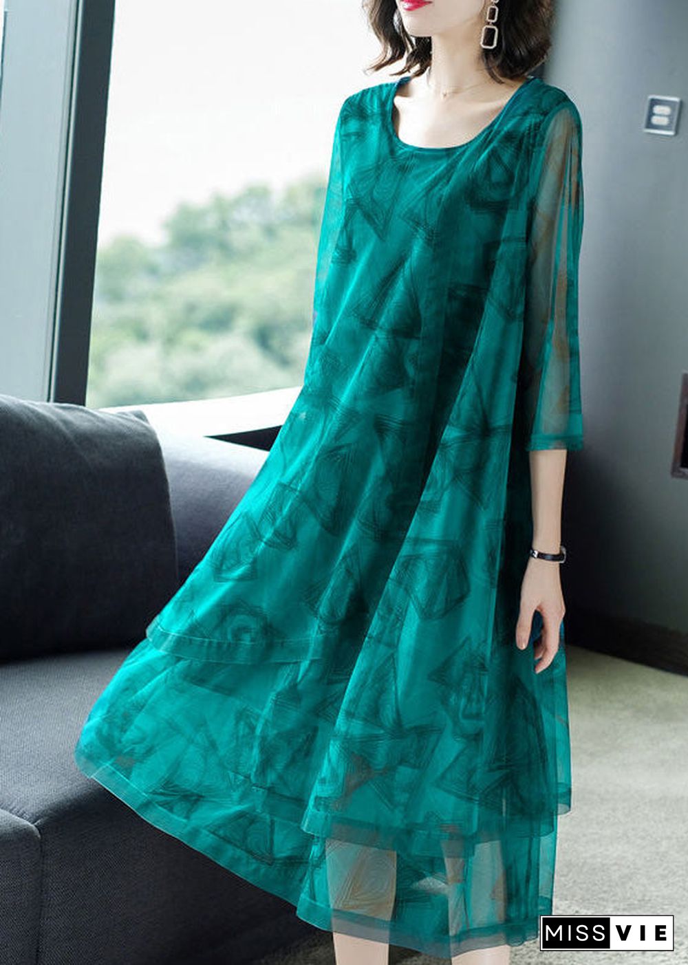 Fashion Green O-Neck Print Patchwork Tulle Maxi Dresses Summer