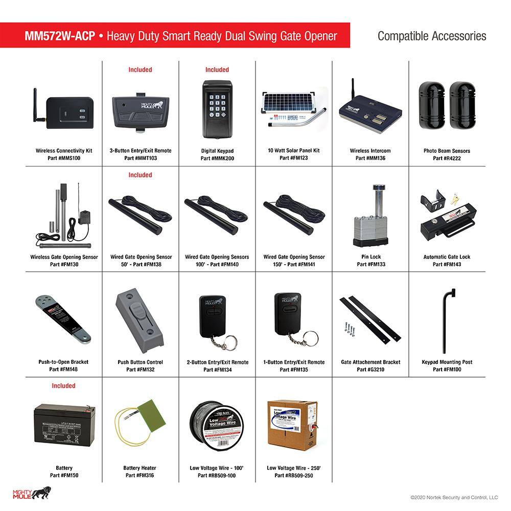 Mighty Mule Heavy Duty Dual Swing Gate Opener Access Combo Kit Smart and Solar Capable MM572W-ACP