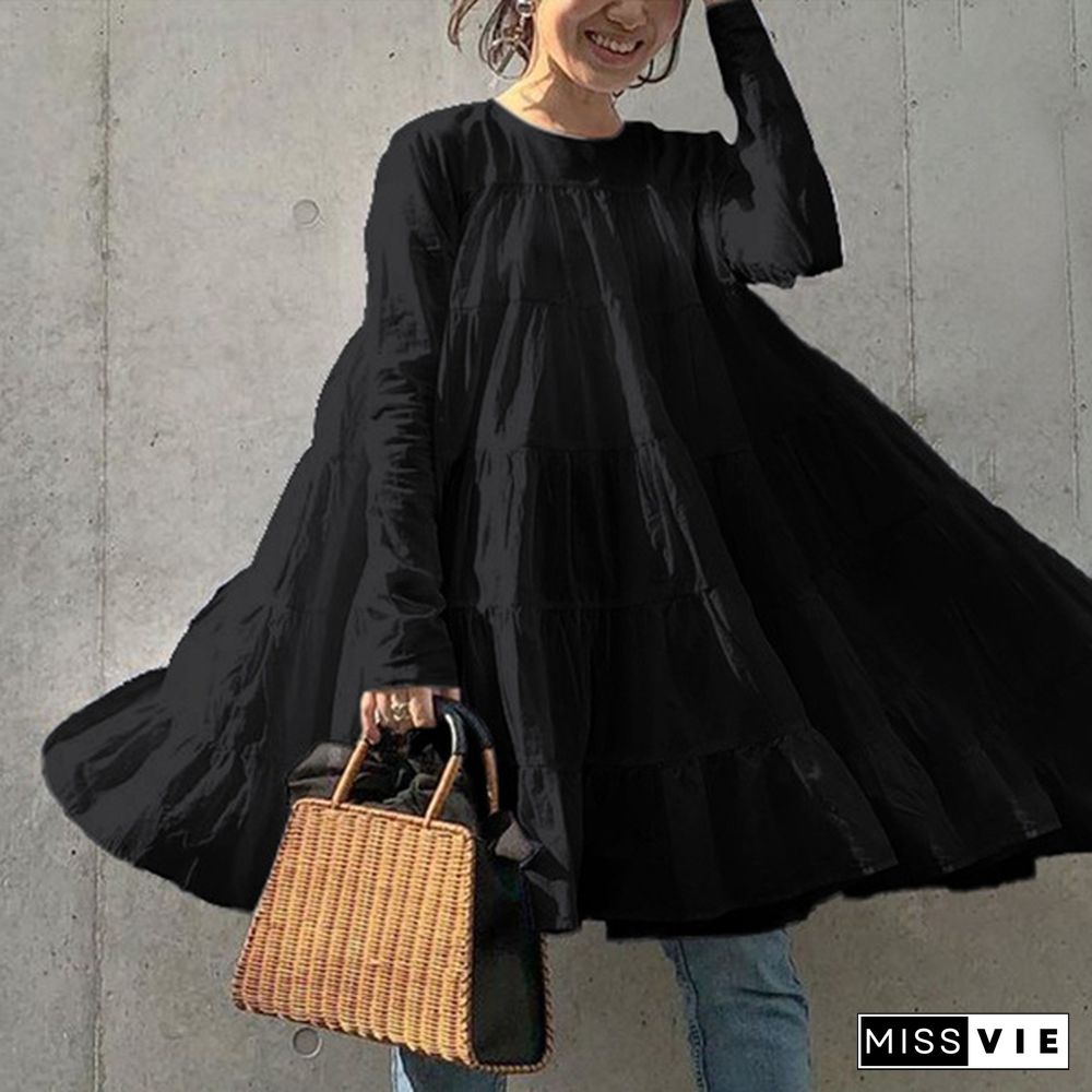 Plus Size Women Casual Loose Long Sleeve Ruffled Mini Dresses Solid Color Holiday T-shirt Dress Blouse Tops Robe Femme