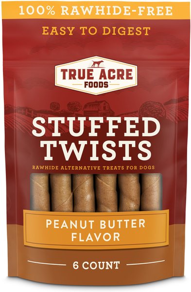 True Acre Foods Rawhide-Free Stuffed Twists Peanut Butter Flavor Treats， 6 count