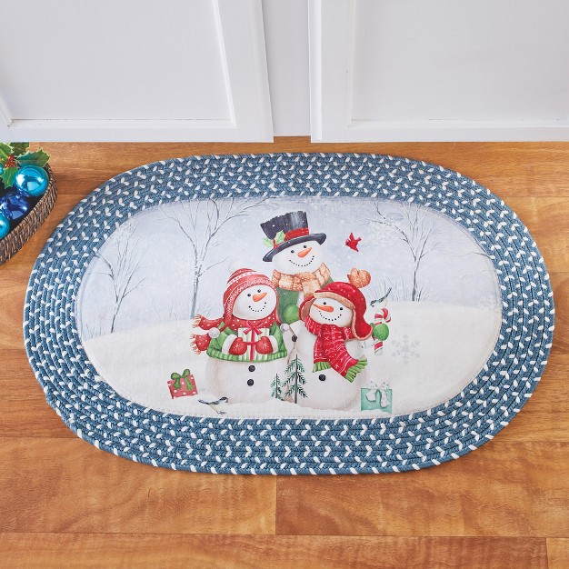 Collections Etc Festive Snowman Family Kitchen Rug With Blue Braided Border