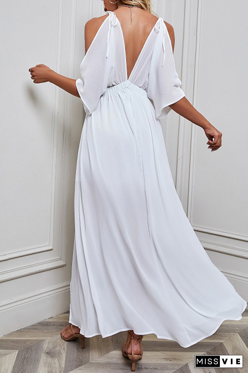 Cold Shoulder Deep V Neck Split Maxi Dress