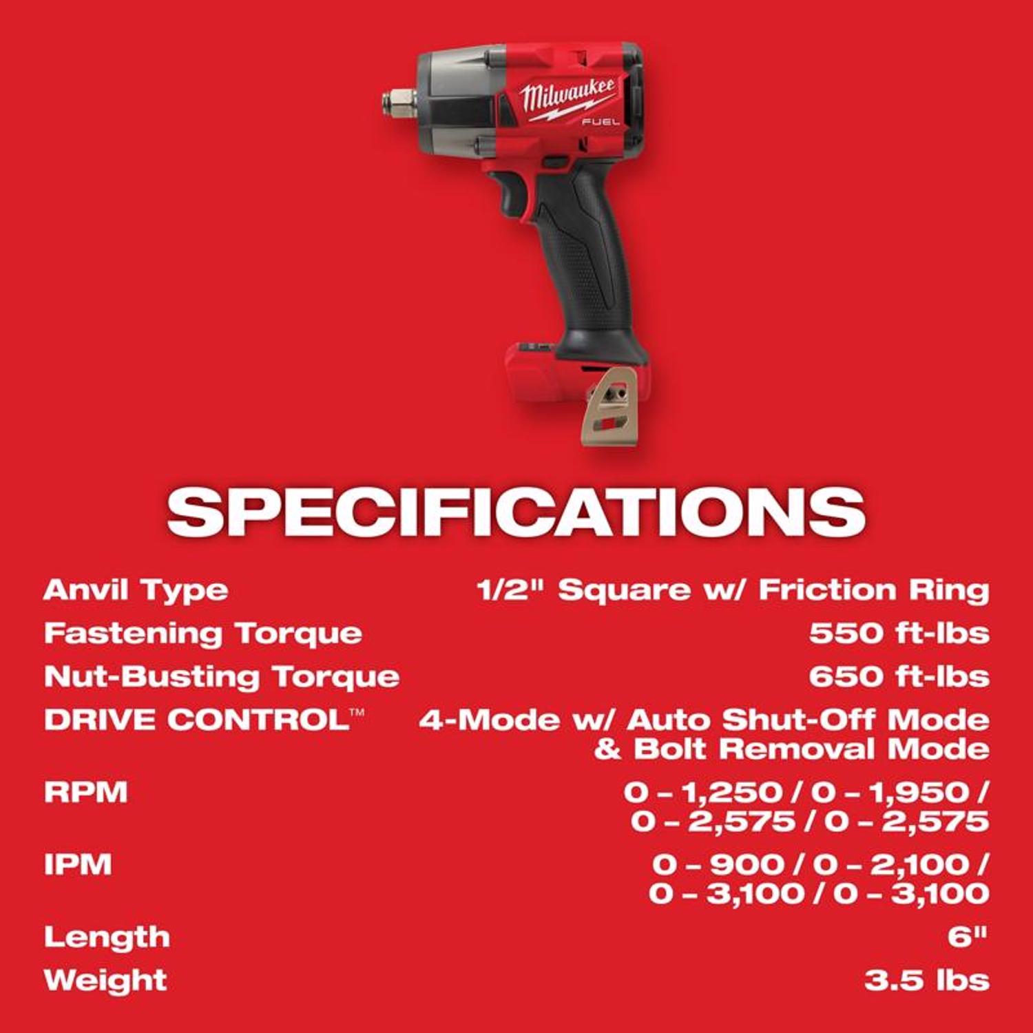 MW M18 FUEL 18 V 1/2 in. Cordless Brushless Mid-Range Impact Wrench Kit (Battery \u0026 Charger)