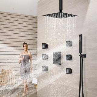 EVERSTEIN Luxury 7-Spray Patterns Thermostatic 12 in. Ceiling Mount Rainfall Dual Shower Heads with 6-Jet in Matte Black SFS1006-BK12