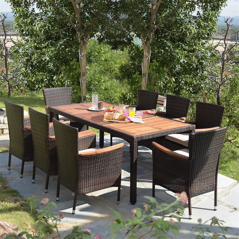 9 Pcs Rattan Patio Dining Set with Acacia Wood Tabletop & Cushioned Stackable Armchairs