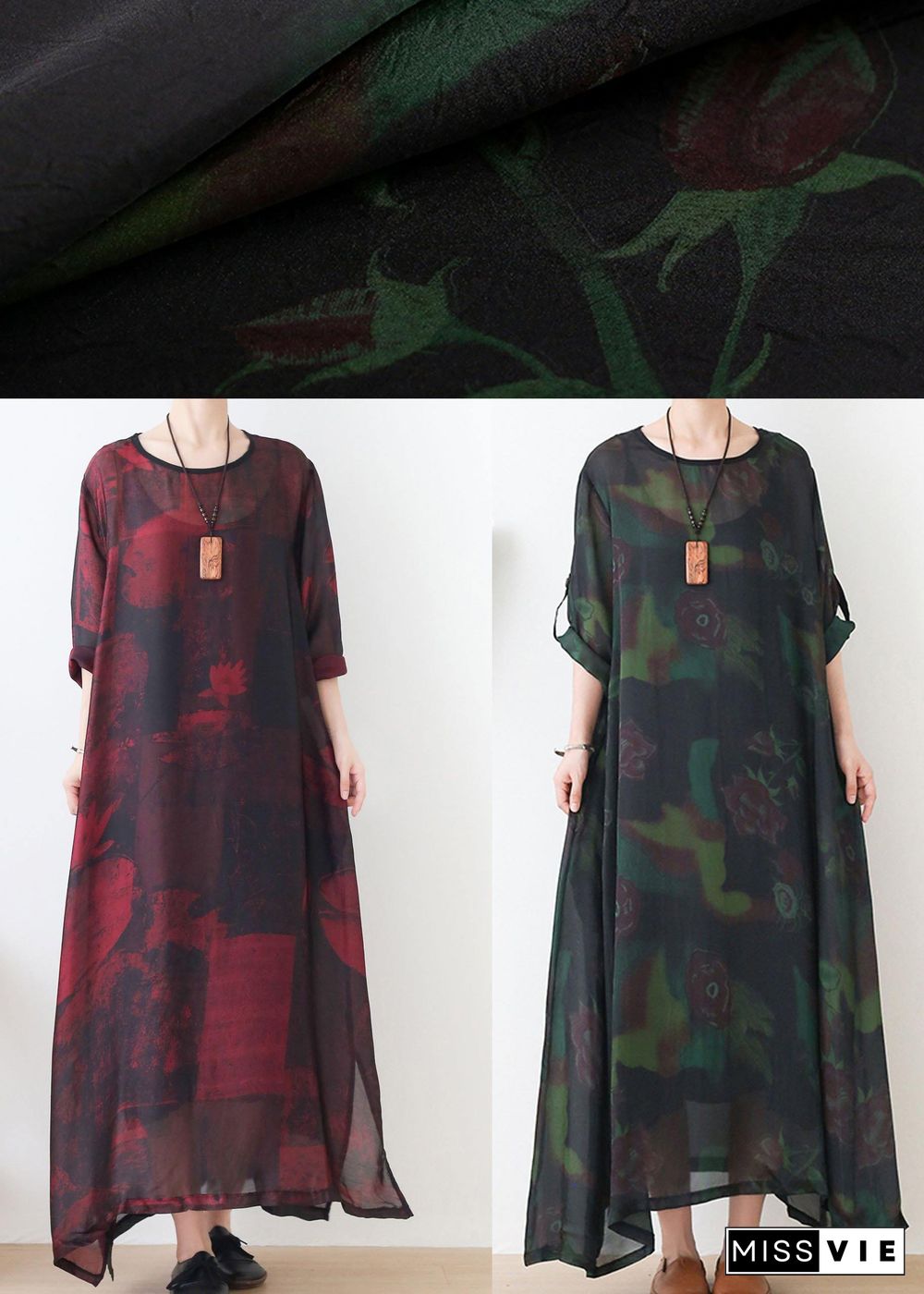 Natural Red Print Chiffon O-Neck Summer Dresses