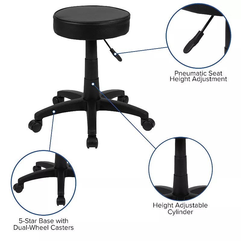 Emma and Oliver Black Adjustable Doctors Stool on Wheels with Ergonomic Molded Seat