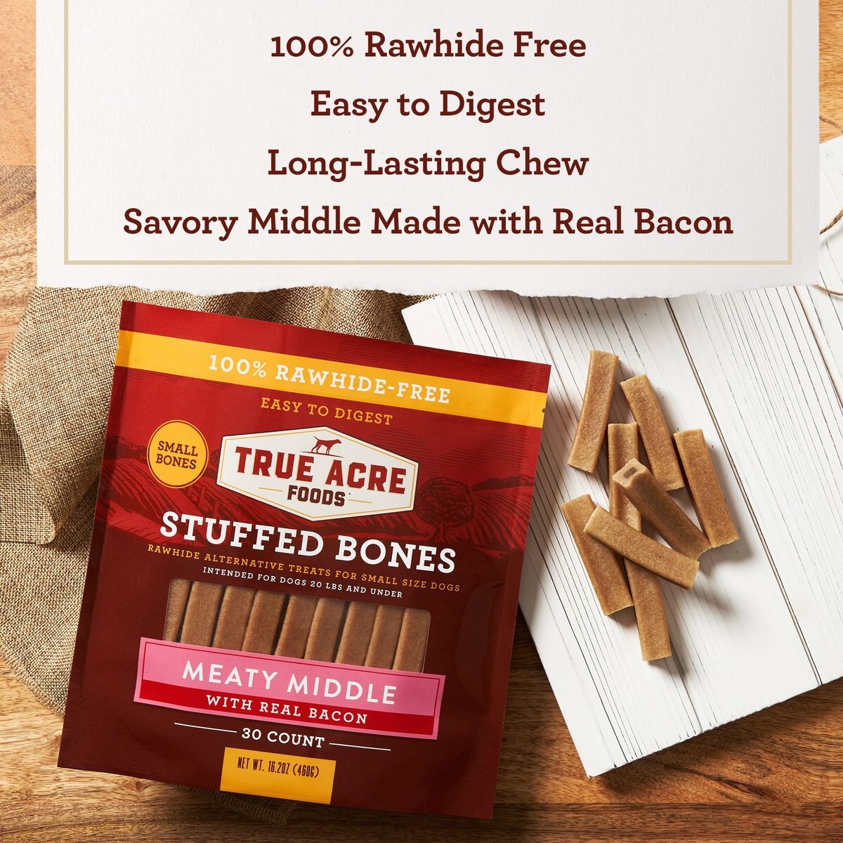 True Acre Foods Small Stuffed Bone Treats Meaty Middle Made with real Bacon