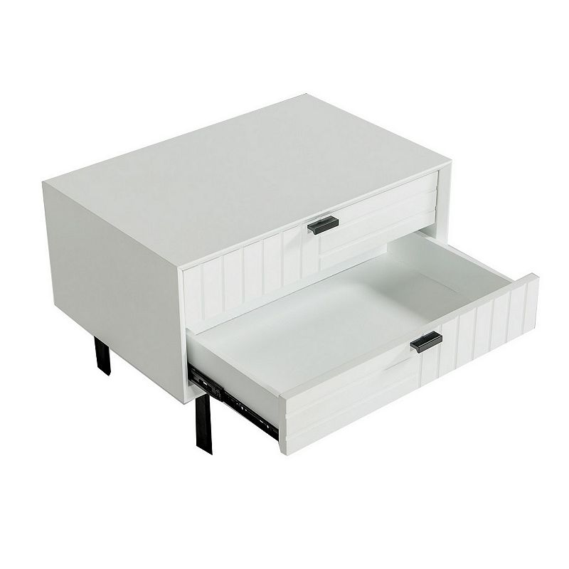 2 Drawers Wooden Nightstand with Metal Bar Pulls， White and Black