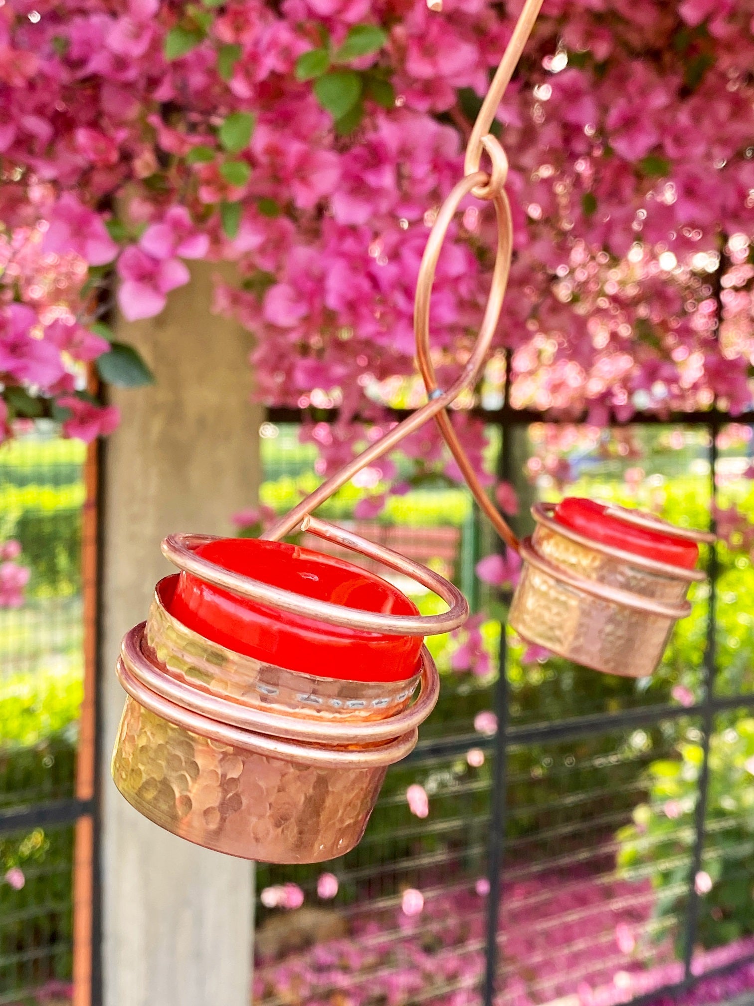 Hanging Copper Hummingbird Feeder with Double Nectar Cups