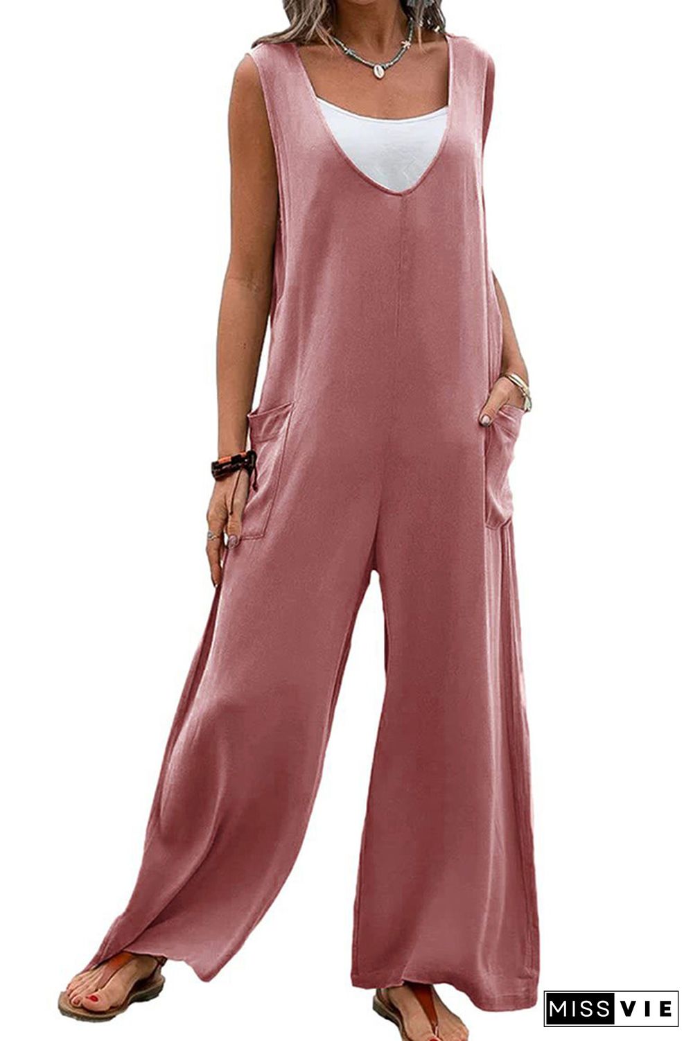 Plain V Neck Pockets Sleeveless Jumpsuit