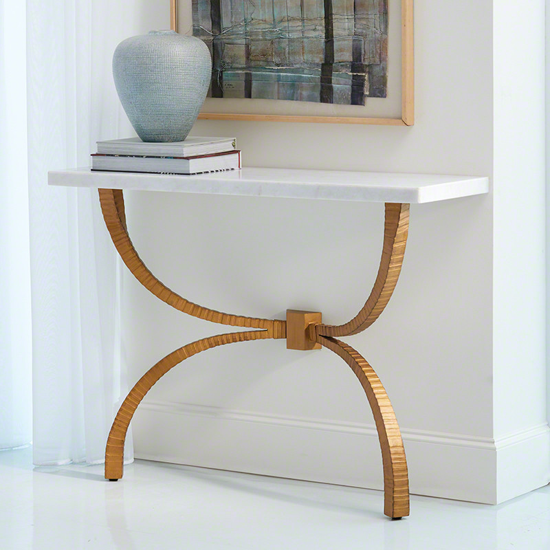 Minimalist Gold Iron White Marble Console Table  Rustic Ribbed Metal Stone Arch   Contemporary   Console Tables   by My Swanky Home  Houzz