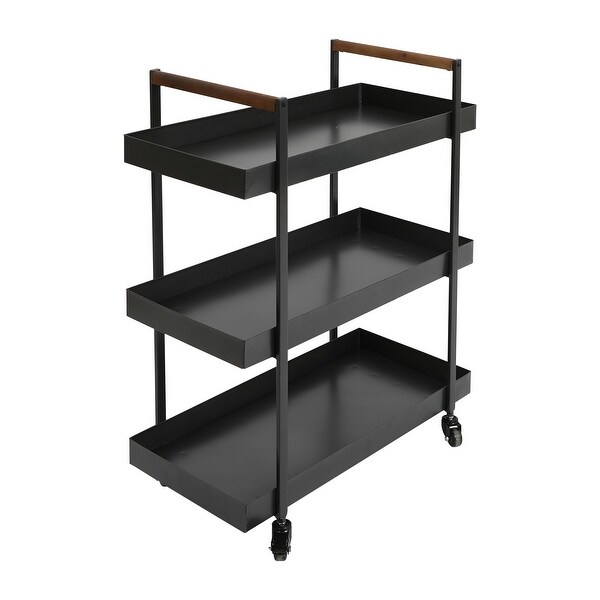 3 Tier Bar Cart with Tray Shelves， Metal Frame， and Raised Edges， Black