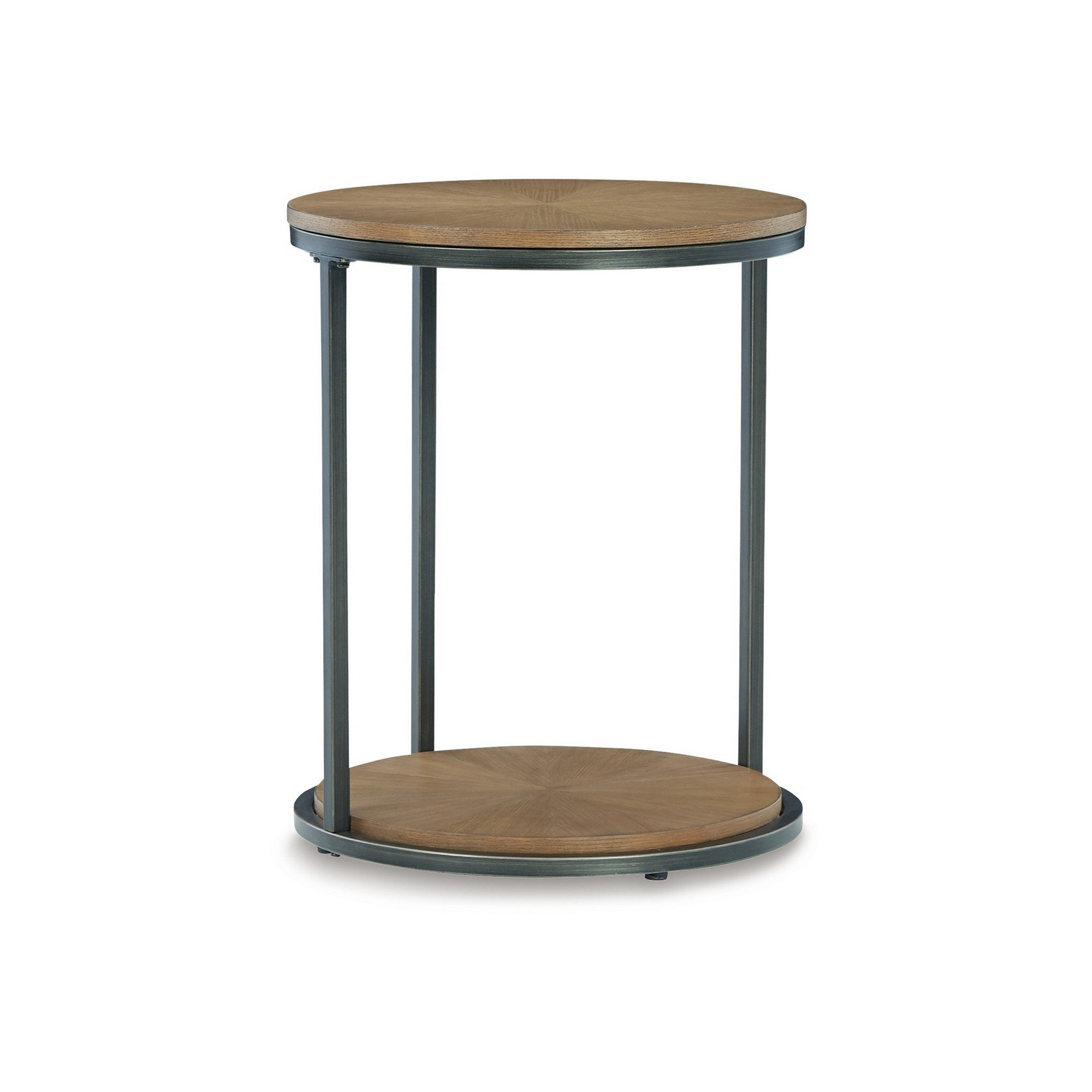 22 Inch Modern Side End Table， Round Wood Top， Black Metal Frame， Brown