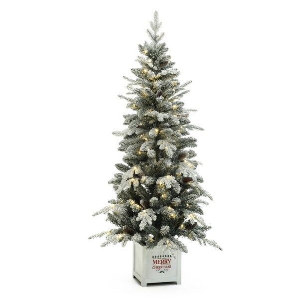 5Ft PreLit Snow Flocked Full Pine Potted Artificial Christmas Tree