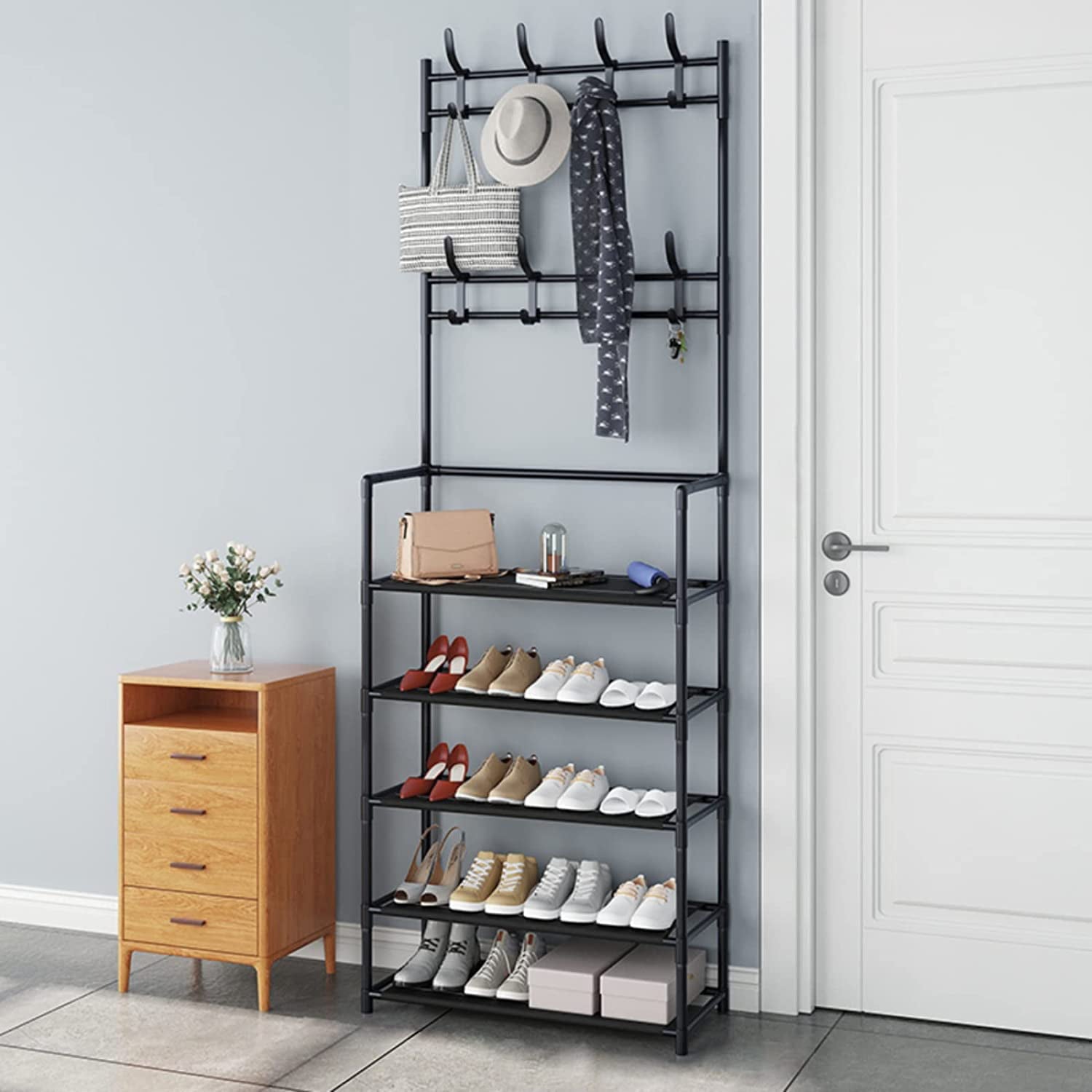 3-in-1 Entryway Coat Rack， Clothes Rack with Shoe Storage Bench， Multifunctional Hallway Organizer 5-Tier Shoe Rack 16 Hooks， Suitable for Hats， Clothing， Keys， Umbrellas