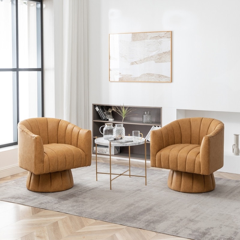 SEYNAR Mid Century Swivel PU Leather Tufted Round Accent Barrel Chair set of 2