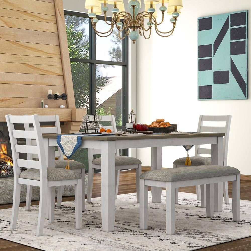 Harper  Bright Designs Rustic Style 6-Piece White Solid Wood Dining Set with 4-Upholstered Chairs and Bench XW033AAD