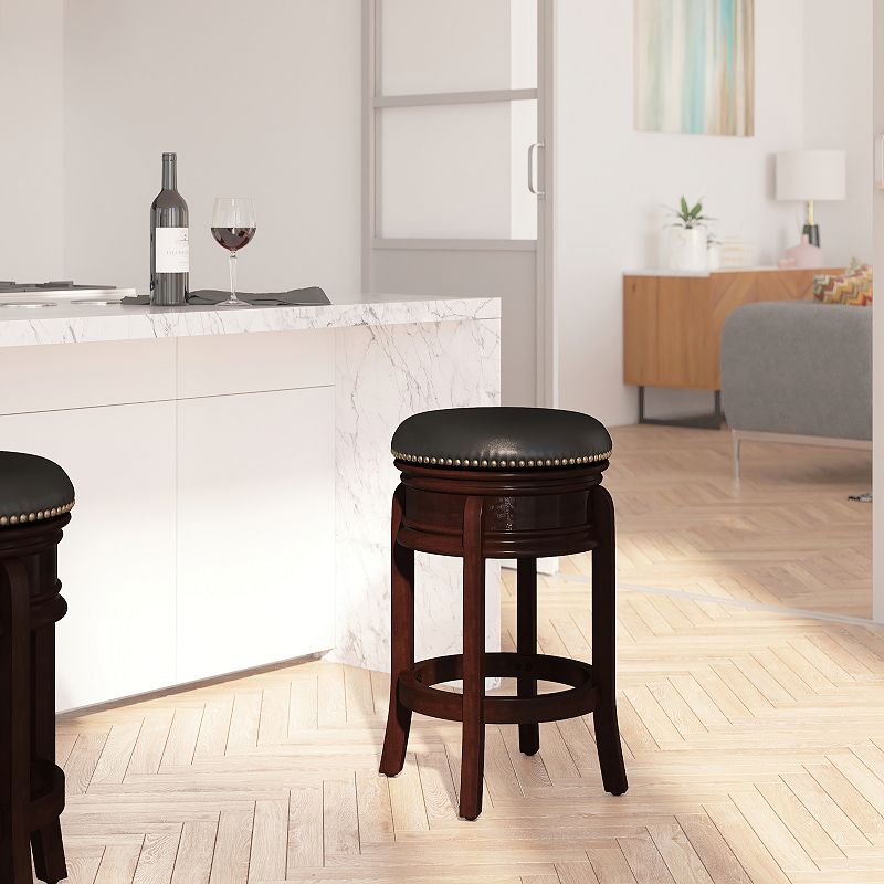 Merrick Lane Clara Backless Wooden Counter Stool with Faux Leather 360 Degree Swivel Seat