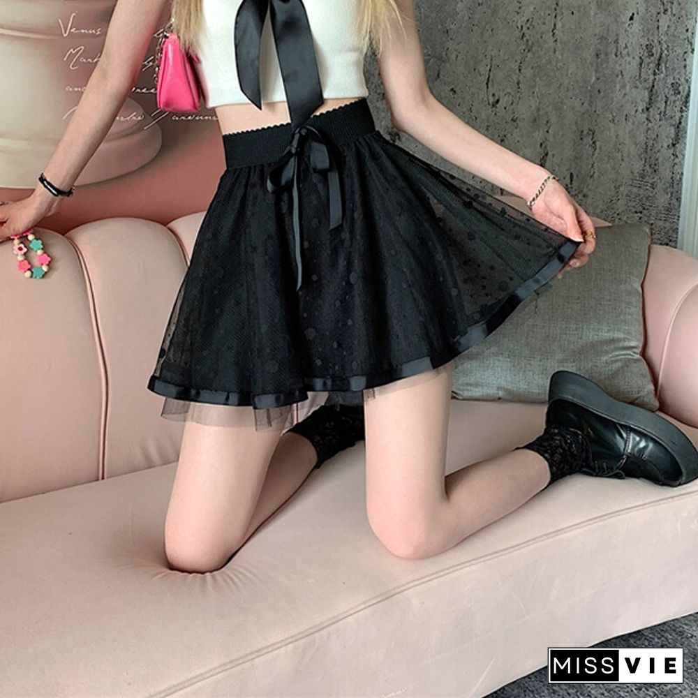 Women Sexy Mesh Ball Gown Black Skirt Summer High Waist Elegant Elastic Bow A-line Mini Skirts Korean Preppy Style Dance Skirt