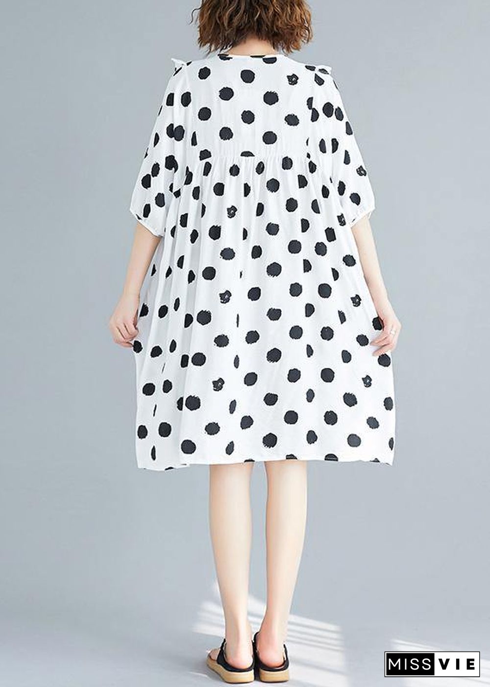 French v neck Cinched Tunics Shirts white dotted Dress summer