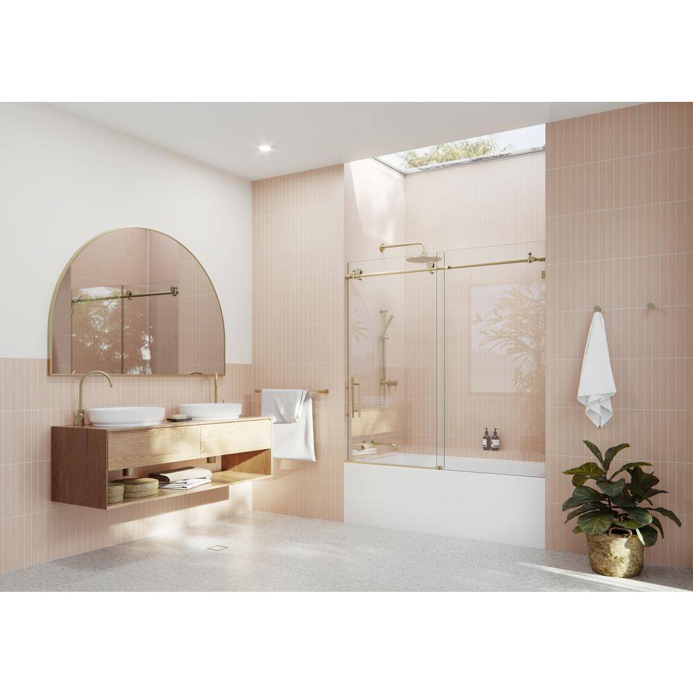 Glass Warehouse 60 in. x 60 in. Frameless Bath Tub Sliding Shower Door in Satin Brass GW-B-SLD-60-SB