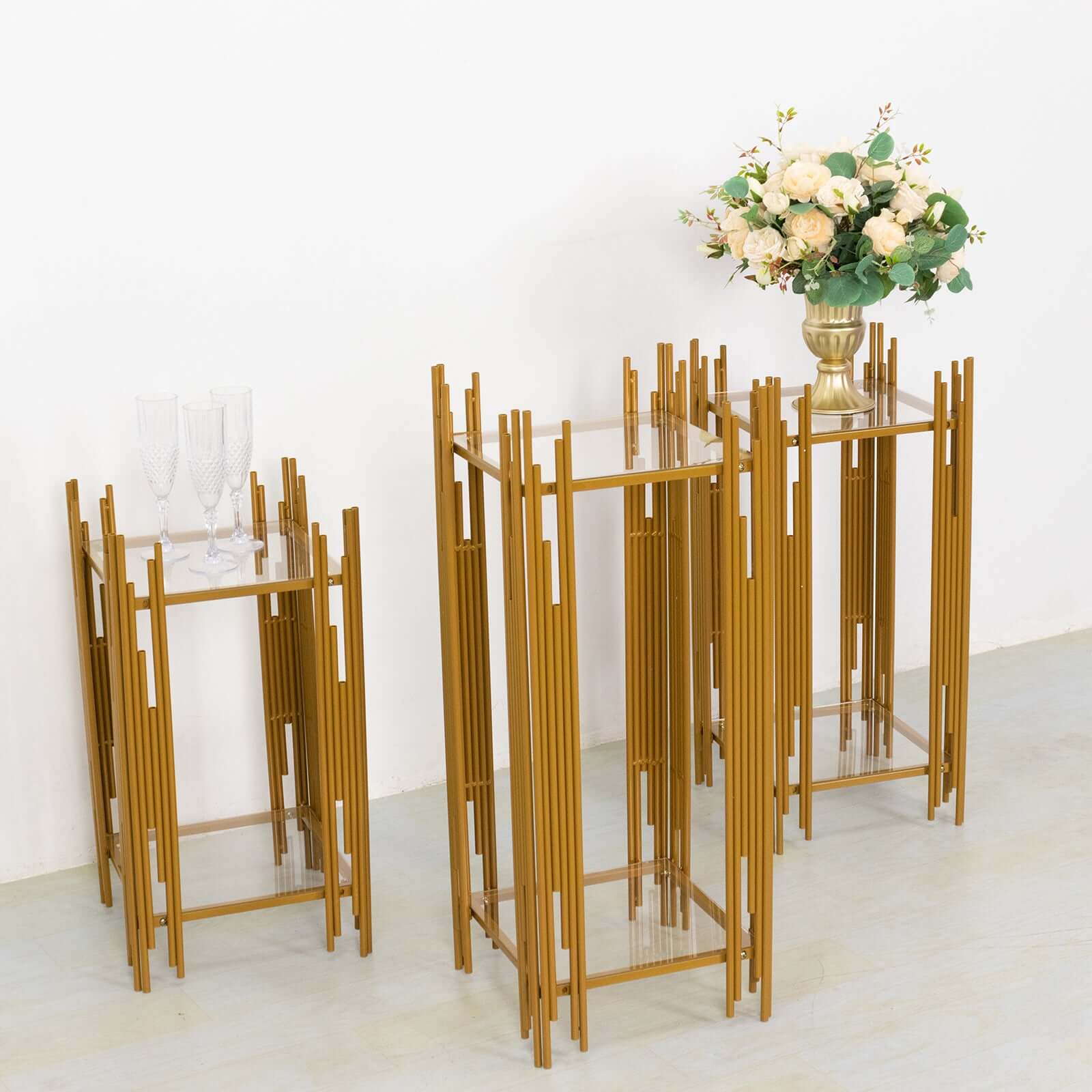 Set of 3 Gold Metal Plinths Flower Display Stands With Square Acrylic Plates, Wedding Cake Table Pedestal Stands - 26