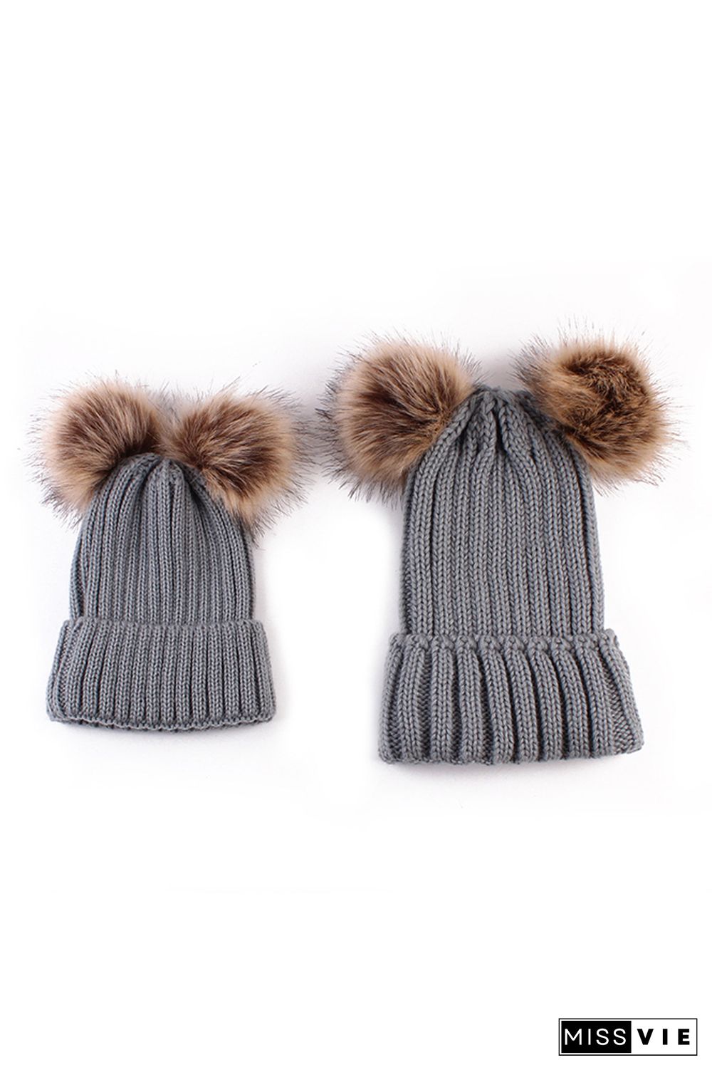 Parent-child Solid Double Wool Ball Knitted Hat 2pcs Set Wholesale MOQ3pcs