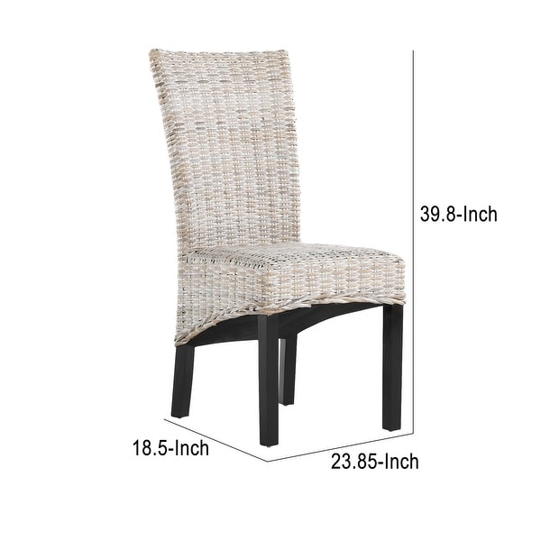 19 Inch Dining Side Chair， Woven Wicker， Wood， Set of 2， Off White， Black