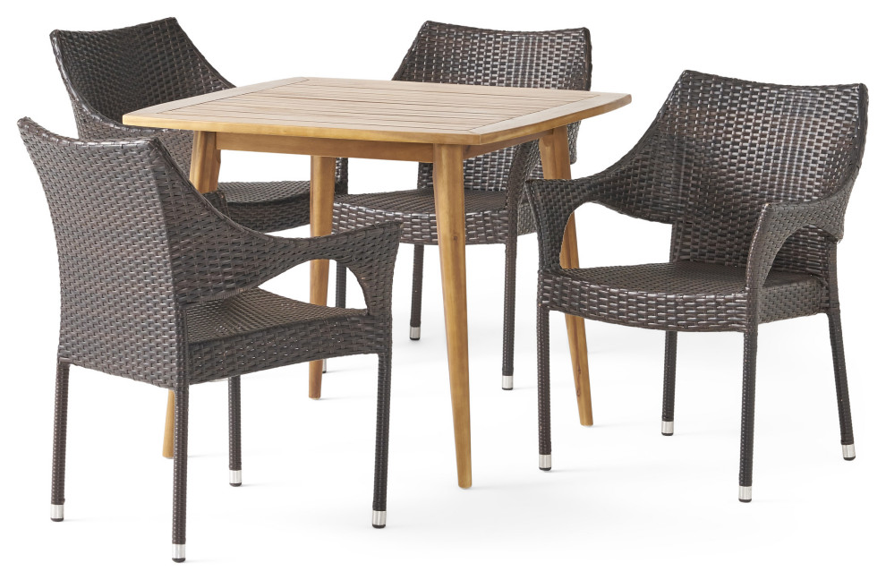 GDF Studio 5 Piece Nash Outdoor Wood and Wicker Dining Set  Teak and Multi Brown   Tropical   Outdoor Dining Sets   by GDFStudio  Houzz