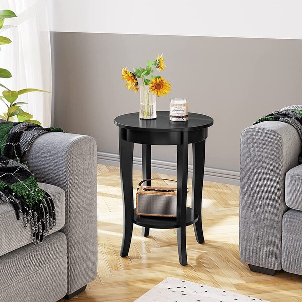 End Table Living Room Small Side Table with 2-Tier Storage Shelves，Round Bedside Tables