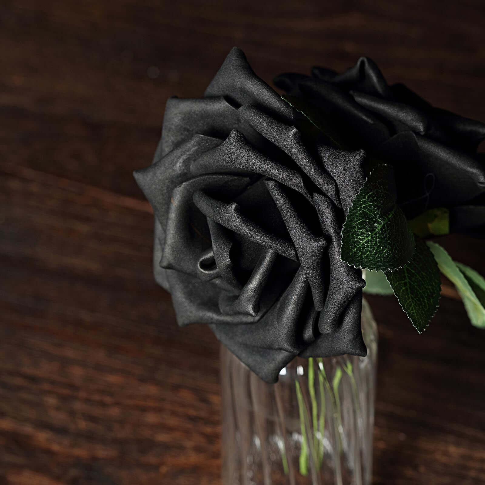 24 Roses Black Artificial Foam Flowers With Stem Wire and Leaves 5