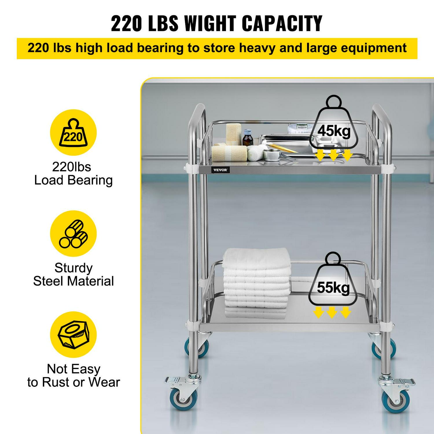 VEVORbrand 2-Shelf Lab Cart with Wheelsi 1/4 Stainless Steel Rolling Carti 1/4 Medical Dental Lab Carti 1/4 2 Lockable Wheels for Fixing